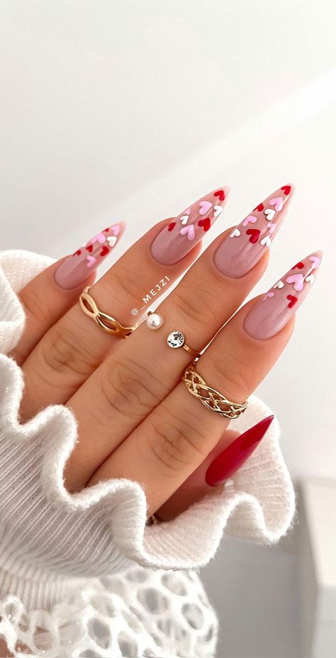 Valentine Nails Pink, Valentine Nail Art, February Nails, Nail Designs Valentines, Almond Shape Nails, Almond Nails Designs, Almond Acrylic Nails, Short Acrylic Nails, Valentine's Day Nails