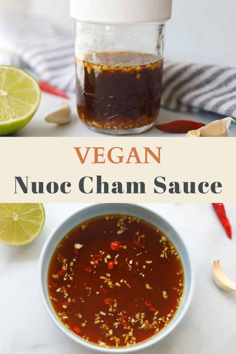 Nuoc cham chay is a Vietnamese vegan and vegetarian dipping sauce used for spring rolls, rice noodles, and rice bowls. Made with soy sauce, lime juice, water, garlic, sugar and optional thai chili peppers. It adds a bright and tart flavor with a bit of umami and sweetness to any dish. Get the recipe on www.apeachyplate.com Vietnamese Rolls Sauce, Nuoc Cham Sauce Recipe, Vegan Dipping Sauce, Recipe For Dinner Rolls, Spring Roll Dipping Sauce, Thai Chili Peppers, Thai Dipping Sauce, Spring Roll Sauce, Vegetarian Spring Rolls