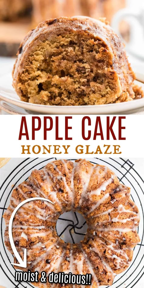 Delicious and moist, this cake is filled with apples, cinnamon and nuts! It's a great addition to any brunch, or to pair with a cup of coffee on Saturday morning! Topped with a drizzle of honey icing for the perfect treat. Honey Icing, Apple Bundt Cake, Apples Cinnamon, Cake Rolls, Honey Glaze, Fall Dessert Recipes, 140 Pounds, Honey Recipes, Fall Dessert