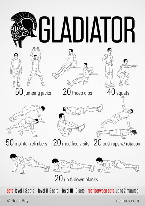 Some quick no equipment workouts that helped me. I haven't seen them in a long time so here you go. The rest can be found here: http://neilarey.com/workouts.html - Imgur Mens Bodyweight Workout, Gladiator Training, Teacher Workout, Gladiator Workout, 100 Workout, Superhero Workout, Trening Sztuk Walki, Latihan Kardio, Ab Workout At Home