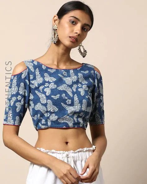 Handblock Print Back Open Cold-Shoulder Padded Blouse by Indie Picks Online | Ajio.com Cold Shoulder Blouse Indian, Shoulder Blouse Designs, Beige Blouses, Sari Ideas, Cold Shoulder Blouse Designs, Lehenga Anarkali, Cotton Blouse Design, Best Blouse Designs, Lehenga Blouse Designs