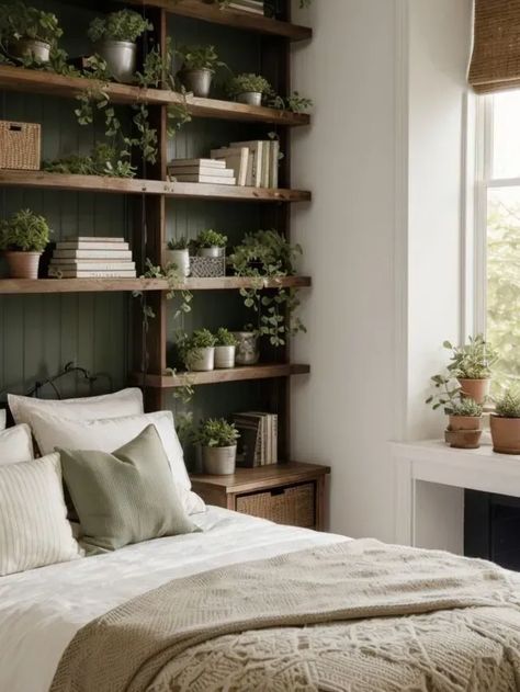 Biophilic Interior Design Hanging Shelves Over Bed, Master Bedrooms With Bookshelves, Floating Shelves Green Wall, Naturalistic Bedroom Ideas, Bookcase Floating Shelves, Green Wood Bedroom Aesthetic, Cozy Book Nook Ideas, Botanical House Decor, Bedroom Bookshelf Decor Ideas