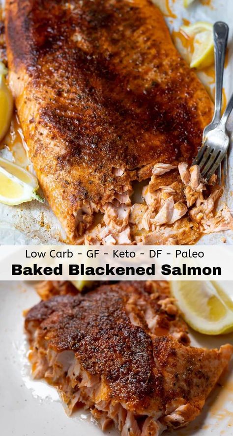 This Oven Baked Blackened Salmon Recipe is a super flavorful spiced salmon that is ready in less than 20 minutes! Spices, oil and salmon are the only ingredients you need to make this easy and healthy dinner. This recipe is Whole 30 - Keto friendly, Paleo, Gluten Free and Dairy Free. #salmonrecipes #blackenedsalmon #easydinnerideas #ketorecipes #paleorecipes #whole30recipes #lowcarbrecipe Baked Blackened Salmon, Blackened Salmon Recipes, Dairy Free Lasagna, Salmon Recipes Oven, Spiced Salmon, Oven Salmon, Salmon Recipes Baked, Salmon Recipes Baked Healthy, Salmon Spices