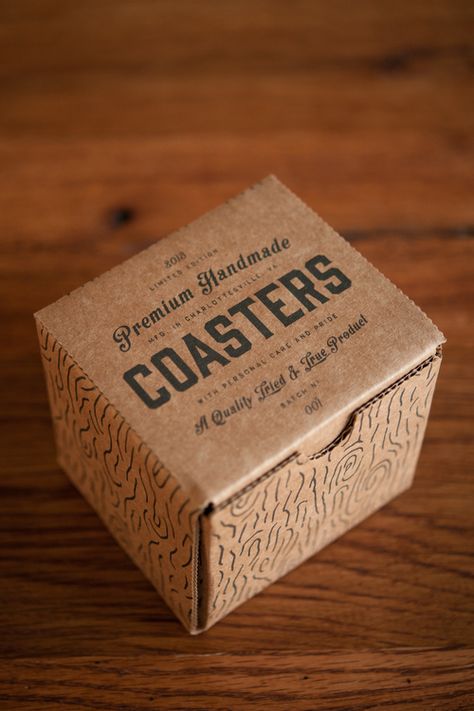 Premium Handmade Coasters Kraft Packaging, Cool Packaging, Craft Packaging, Handmade Coasters, Graphic Design Packaging, Box Packaging Design, Cardboard Packaging, Brown Box, Packaging Labels Design