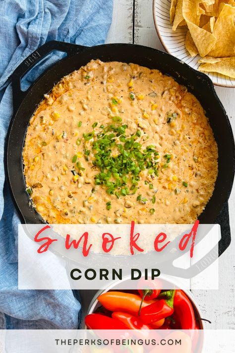 Creamy, cheesy hot corn dip with cream cheese is an easy appetizer that will be sure to impress your guests! We punched our dip up by smoking a poblano pepper to add in! This corn dip can be made in the oven, or out on the grill. Smoked Corn Queso Dip, Cheesy Hot Corn Dip, Corn Queso Dip, Corn Dip With Cream Cheese, Poblano Corn, Smoked Corn, Cream Cheese Smoked, Cheesy Corn Dip, Ranch Crackers