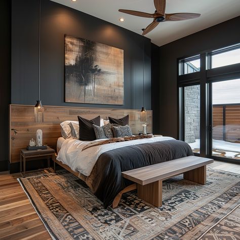 Black White And Walnut Bedroom, Wood Wall Master Bed, Rustic Luxe Decor Master Bedrooms, Grey And Caramel Bedroom, Rustic Male Bedroom, Bedroom Backsplash Wall Ideas, Modern Cabin Bedroom Master Suite, Dark Wooden Floor Bedroom Ideas, Modern Chalet Bedroom