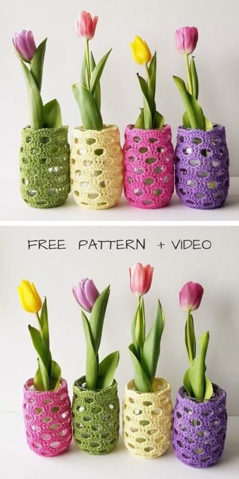 Crochet Jar Cozy Free Pattern, Crochet Jar Cozy, Crochet Mason Jar Covers Free Pattern, Crochet Jar Covers Free Pattern, Spring Mason Jar, Crochet Jar Covers, Mason Jar Art, Mason Jar Cozy, Jar Covers