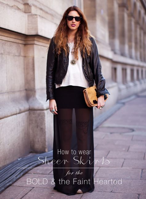 How to Wear Sheer Skirts for the Bold and the Faint at heart! | Sheer Skirt Outfit, Black Skirt Outfits, Sheer Maxi Skirt, Black Chiffon Dress, Stockholm Street Style, Maxi Skirt Outfits, Street Style Shoes, Black Maxi Skirt, Maxi Skirt Dress