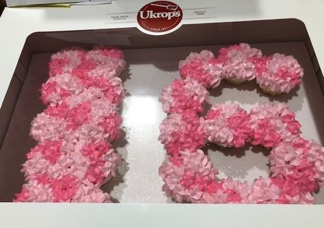 Pink carnation looking cupcakes in the shape of the number 16 Sweet 16 Cakes Number, 16 Shaped Birthday Cake, Sweet 16 Cupcake Cake, Cupcakes Number Shape, 16 Cupcake Cake, Sweet 16 Cupcake Ideas, 16 Number Cake, Iced Cupcakes, Sweet 16 Cupcakes