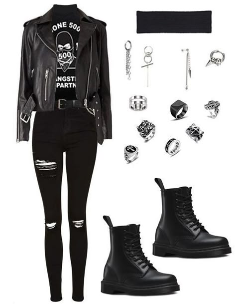 Cute Rock Outfits Casual, Witchy Goth Outfits Aesthetic, Biker Chic Outfits, Sporty Goth Outfits, Black Grunge Aesthetic Outfit, Goth Rock Outfits, What To Wear To A Rock Concert, Plus Size Edgy Outfits, Ropa Punk Rock