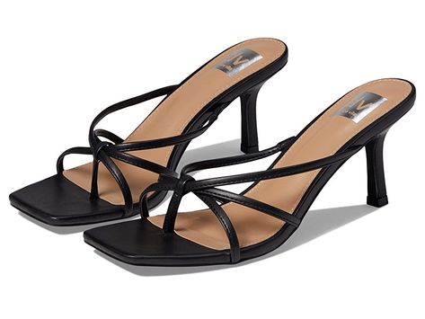 Black Straps Heels, Short Heels Sandals, Black Square Heels, Fitted Slip-on Mules For Summer, Summer Slip-on Heels With Branded Heel Counter, Square Toe Sandals With Padded Heel For Date Night, Fitted Square Toe Sandals For Date Night, Cushioned Footbed Sandals With Square Toe For Summer, Cushioned Slip-on Sandals For Formal Occasions