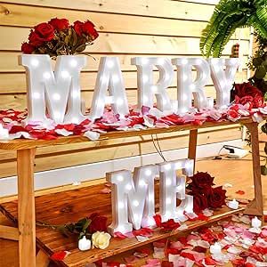 Light Letters Decor, Marry Me Letters, Light Proposal, Letters Romantic, Proposal Decorations, Marry Me Sign, Fake Rose Petals, Light Up Letters, Cute Engagement Rings