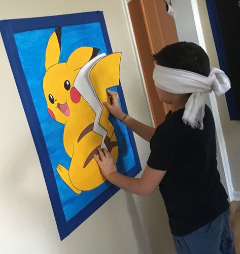 Pokémon party game Pin the tail on the Pikachu Pokemon Birthday Party Ideas Games, Pikachu Pin The Tail, Pokemon Party Game Ideas, Pikachu Party Games, Pokemon Birthday Party Outside, Pikachu Theme Party, Pokemon Birthday Decorations Ideas, Pokemon Pin The Tail, Pokemon Diy Birthday Party