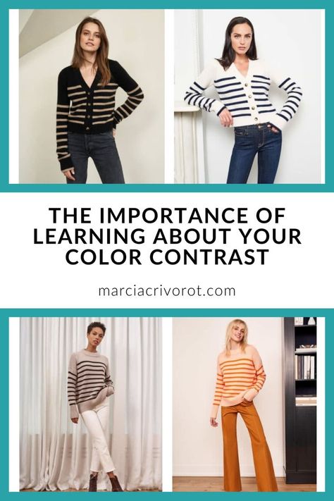 Do you know what your color contrast is? Mid Contrast Outfits, High Contrast Clothing, Medium Contrast Outfits, Low Contrast Outfits, High Contrast Outfits, Color Analysis Test, Contrast Outfit, Pattern Outfits, Color Combinations For Clothes