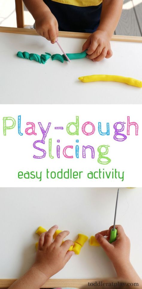 Super easy toddler activity that will keep them busy, learning and having fun at the same time! All you need is a toy knife and some play-dough and you've got a wonderful boredom buster, quiet time or independent play activity! #playdough #playdoughactivity #slicing  #handcoordination #kidsactivity Toddler Fine Motor Activities, L'wren Scott, Aktiviti Kanak-kanak, Easy Toddler Activities, Playdough Activities, Preschool Fine Motor, Gross Motor Activities, Toddler Activity, Easy Toddler