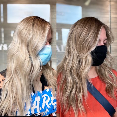 Blending Brown Roots With Blonde Hair, Bleach Blonde To Light Brown, Low Lights Before After, Spring Blonde Hair Balayage, Blonde To Light Brown Hair Before And After, Blonde To Bronde Before And After, Blonde To Balayage Before And After, Transitioning From Blonde To Brunette, Light To Dark Hair Before And After