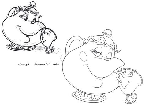 Awww, Mrs. Potts and Chip :) Pencil Line Art, Chip Tattoo, Mrs Potts And Chip, Max And Roxanne, Mother Painting, Mrs Potts, Disney Paintings, Consumer Products, Tattoo Shop