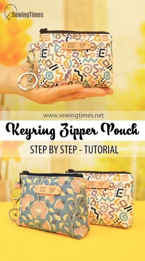 DIY Keyring Zipper Pouch | Cute Coin Purse Tutorial - Sewing Gifts Idea [sewingtimes] Zippered Pouch Tutorial Free Pattern Coin Purses, Zippered Coin Purse Pattern, Diy Small Zipper Pouch, Diy Small Bag Zipper Pouch, Keychain Coin Purse Diy, Coin Purse Diy Sewing Projects, Sew Coin Purse Zipper Pouch, Small Coin Pouch Sewing Pattern, Zipper Coin Pouch