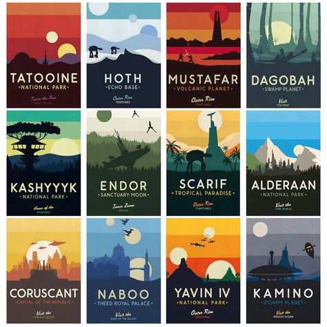 Star Wars Color Palette, Travel Themed Living Room, Star Wars Scenery, Star Wars Travel Posters, Star Wars Room Decor, Star Wars Bathroom, Star Wars Art Print, Space Posters, Star Wars Planets