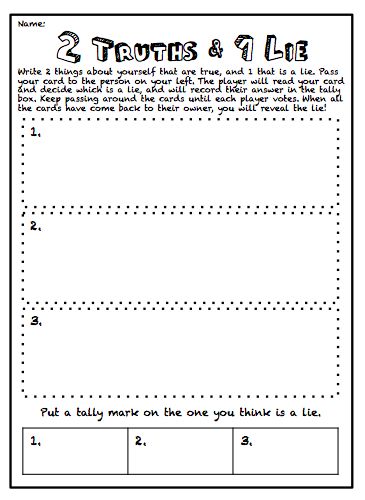 2 truths and a lie is a great ice breaker game to play as you are getting to know your new students, and as they get to know one another. It gives you the opportunity to learn fun, quirky facts about them that you may not otherwise know! Download these game cards and away you go! This file is editable to suit your needs. Ice Breaker Worksheets, 2 Truths And A Lie Ideas Ice Breakers, Ice Breaker Games College Students, Ice Breaker Games For Students, 2 Truths And A Lie Ideas Game, 2 Truths And A Lie Ideas, Ice Breaker For Teens, Ice Breaker Games For Kids, 2 Truths And 1 Lie