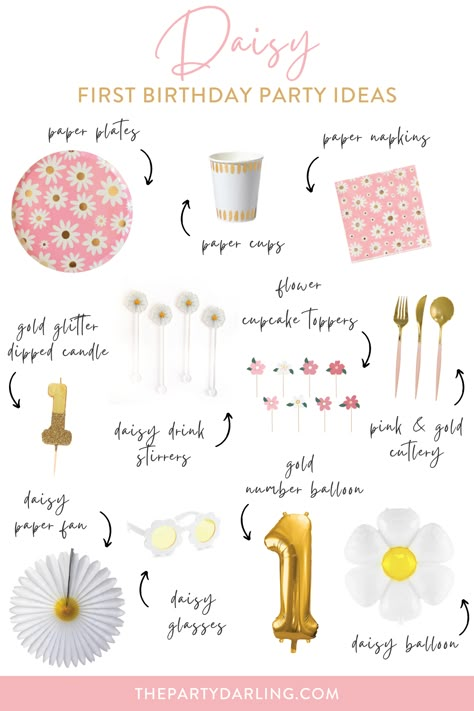 A collage of daisy party supplies including plates, napkins, cupcake toppers, gold number one balloon, and a daisy balloon for party ideas for a daisy first birthday party. Daisy Theme Bday Party, Bunny And Daisy Birthday, Sunshine Daisy Birthday, One Year Old Daisy Party, One Year Daisy Birthday, 1 Year Birthday Food Ideas, Daisy Groovy Birthday Party Ideas, Onederful Birthday Party Girl Daisy, Daisy First Birthday Outfit