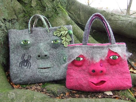 George and Agatha by fibrespace, via Flickr Ugly Purses, Funny Purses, Unusual Handbags, Felt Monster, Funny Bags, Silk Purse, Fibre And Fabric, Wool Projects, Hand Felted