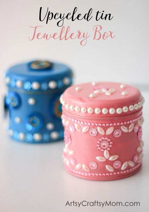 Kidmade Upcycled Tin Jewellery Boxes Small Candle Ideas, Diy Jewelry Box Ideas Handmade, Homemade Jewelry Box Ideas, Jewellery Box Diy, Upcycled Tin Jewelry, Handmade Kids Gifts, Diy Jewelry Box, Upcycle Crafts, Girls Crafts