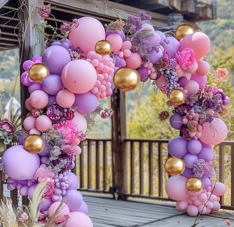 PASTEL PINK PURPLE BALLOON GARLAND:  Our pink purple balloon garland kit include: 5'', 10'', 12" and 18" latex balloons in light pink, lavender and chrome gold balloons. Especially add double stuffed balloons in this set, which will make your pink balloon arch looks fuller and more organic! not easy to explode. If you want to make a rich princess balloon garland, we recommend buying 2-3 packs of this balloon set PREMIUM QUALITY:  The lilac pink made with natural latex, non-toxic, and every viole Lavender And Gold Birthday Party, Rapunzel Balloon Arch, Pink And Purple Sweet 16 Decorations, Purple Balloon Decor, Pink And Purple Balloons, Purple Balloon Arch, Princess Balloon, Stuffed Balloons, Purple Party Decorations