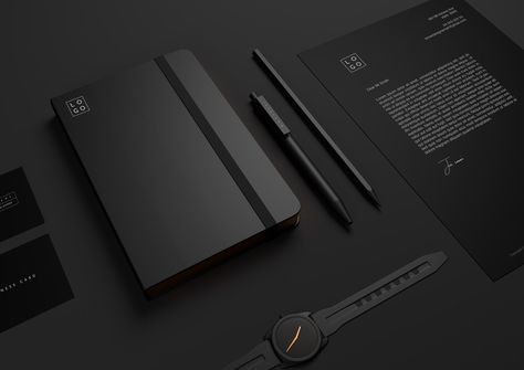 Matte Black Everything, Black Stationary, Matte Black Accessories, Stationary Branding, Black Everything, Black Accessories, Creative Packaging, 로고 디자인, White Aesthetic