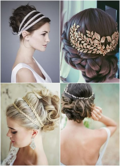 greek style wedding hairstyle and accessories ideas Greece Goddess Hairstyle, Greek Style Hair Wedding, Grecian Wedding Hairstyles, Greek Style Hairstyle, Greek Updo Hairstyles, Greek Wedding Veil, Greek Wedding Hairstyles, Greek Goddess Wedding Hair, Wedding Greek Style