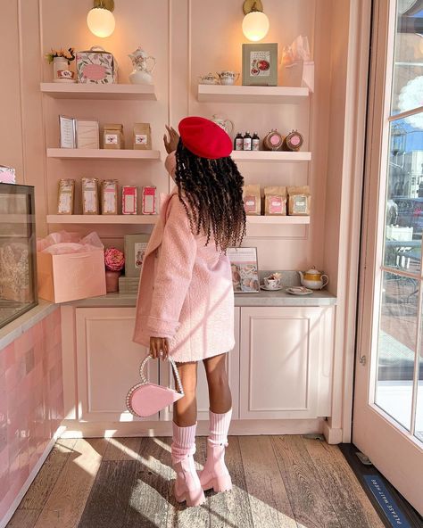 Chazlyn🎀| College Blogger on Instagram: “Time for tea🫖🍰🩰 @sweetlaurelbakery Outfit details: Sweater: @j.ing_official Pink boots: @stevemadden Coat: old @forever21 Heart…” Coquette Outfit Ideas, Winter Tea Party, Black Coquette, Cottage Fairy, Coquette Outfit, Vetements Clothing, Fashion Rules, Celebrity Closet, Pink Corset