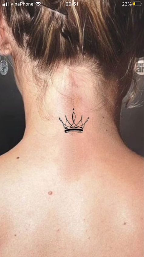 Small Queen Tattoos For Women, Crown Tattoo Back Of Neck, Crown Collar Bone Tattoo, Small Crown Tattoos For Women Queens, Small Crown Tattoos For Women, Tiara Tattoos For Women, Princess Tiara Tattoo, Princess Crown Tattoo, Queen Tattoo For Women