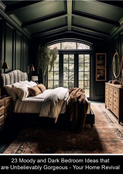 Discover moody and dark bedroom ideas that will inspire your next redecorating project. These stunning designs prove that moody can be marvelous. #farmhouse #bedroom #ideas Green Bedroom Gold Accents, Dark Academia Master Bedrooms Decor, Dark Transitional Bedroom, Moody Green And Purple Bedroom, Dark Primary Bedroom Ideas, Moody Window Treatments, Moody French Country Bedroom, Moody Wallpaper Bedroom, Dark Master Bedrooms Decor