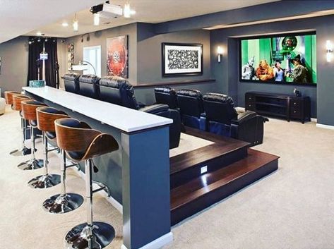 80 Home Theater Design Ideas For Men - Movie Room Retreats Zigarren Lounges, Contemporary Basement, Basement Home Theater, Home Theater Room Design, Theater Room Design, Home Cinema Room, Man Cave Basement, At Home Movie Theater, Man Cave Home Bar