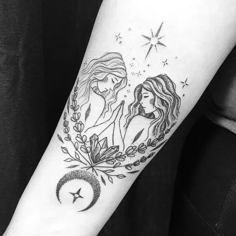 Unique Gemini Tattoos For Women, Goddess Tattoo Design Gemini, Creative Gemini Tattoo, Gemini Couple Tattoos, Gemini Mermaid Tattoo, Gemini Woman Tattoo, Gemini Tattoo Ideas Unique For Women, Gemini Goddess Art, Outer Bicep Tattoos For Women