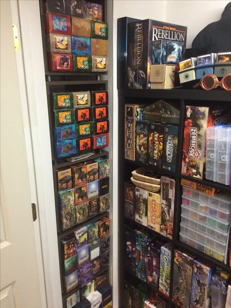 Game room storage (MtG decks in cubes from container store) Magic The Gathering Room, Game Room Storage, Kool Deck, Deck Of Many Things, Board Game Room, Mtg Decks, Deck Framing, Game Room Wall Art, Deck Pictures