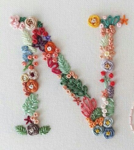 Diy Embroidery Flowers, The Letter N, Sulaman Pita, Silk Ribbon Embroidery Patterns, Diy Embroidery Patterns, Embroidery Stitches Tutorial, Hand Embroidery Flowers, Pola Sulam, Embroidery Flowers Pattern