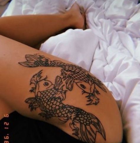 Coy Fish Hip Tattoo, Hip Thigh Tattoos Women Ideas, Fish Tattoos For Women, Fish Tattoo Ideas, Coy Fish Tattoos, Hip Thigh Tattoos, Tattoos Mandala, Hip Tattoos Women, Black Girls With Tattoos