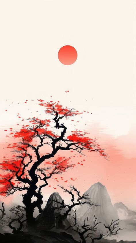 Chinese banyan on the mountain and red sun landscape outdoors painting | premium image by rawpixel.com Painting Wallpaper Aesthetic, Landscape Painting Wallpaper, Outdoors Painting, Chinese Mountains, Sun Landscape, Chinese Landscape Painting, Minimalist Iphone, Chinese Landscape, Red Sun