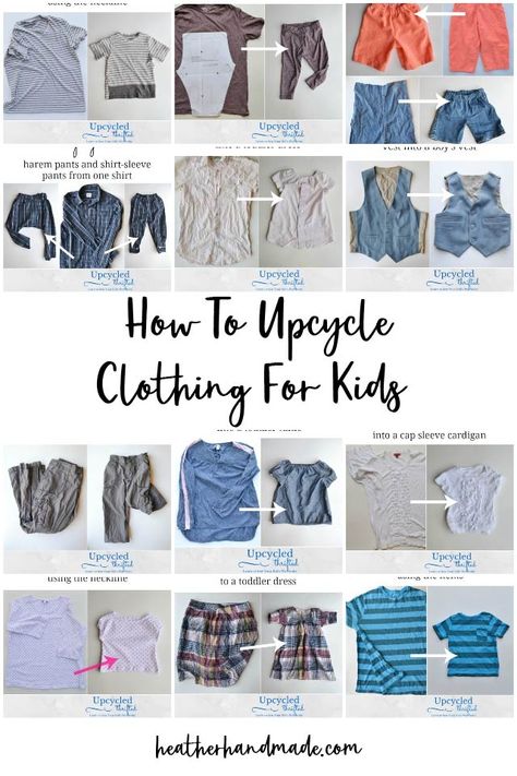 Learn how to upcycle clothing for kids using adult clothing that is readily found in thrift stores. There are upcycling tutorials for boys, girls, and babies. It is wonderful to share upcycling tips and tutorials with you! I love sharing my passion of sewing and upcycling. I love upcycling because it saves time, it saves money, it helps save the environment, and it saves memories. Upcycling Tutorials, Upcycle Kids, Peasant Dress Patterns, Kids Clothes Diy, Upcycle Clothing, Upcycle Clothes Diy, Sewing Kids Clothes, Diy Bebe, Repurposed Clothing