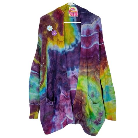 This Is A Boutique Listing Bc It Is Upcycled One Of A Kind, Handmade I’m Not Open To Low Offers Handmade Geode Tie Dye Cardigan Sweater Womens One Size, Fits Xs - Xl Listing As Medium See Measurements Oversized Fit Style Open Front Long Sleeves 2 Front Deep Pockets 2 Embroidered Daisy Flowers Upper Right Shoulder Cotton Acrylic Blend Knit Fabric Multicolored Geode Ice Tie Dye Purple, Magenta, Turquoise Blue, Yellow, Green Etc Handmade, One Of A Kind, Upcycled Not Open To Low Offers Very Good Use Geode Tie Dye, Ice Tie Dye, Tie Dye Cardigan, Zero Waste Fashion, Comfy Sweats, Recycled Fashion, Daisy Flowers, Sweater Womens, Stylish Fashion