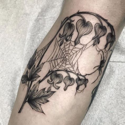 Spooky Tattoos Thigh, Spooky Arm Sleeve, Goth Garden Tattoo, Gothic Upper Arm Tattoo, Coraline Flowers Tattoo, Wild Plant Tattoo, Spooky Filler Tattoo Ideas, Flowers And Spider Web Tattoo, Witchy Elbow Tattoo