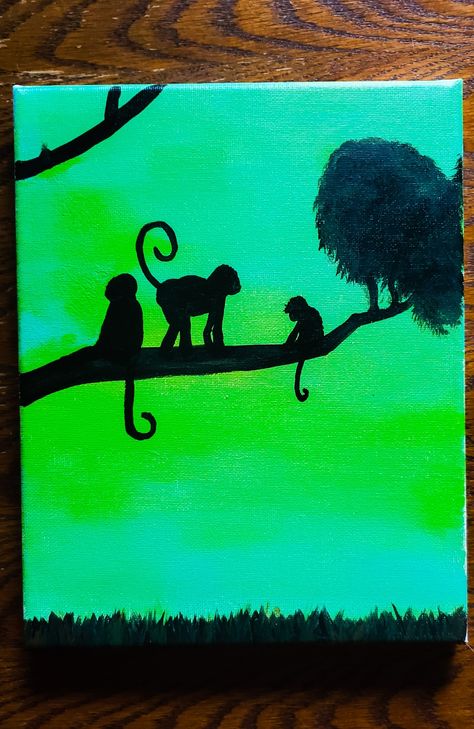 Silhouette of monkeys in a tree, painted on canvas Monkey Acrylic Painting, Monkey Painting Easy, Monkey Canvas Painting, Monkey Silhouette, Paint Monkey, Monkey Painting, Wood Paintings, Africa Painting, Animal Canvas Paintings