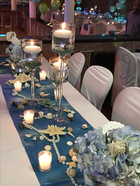 Underwater Quince Theme, Wedding Decorations Sea Theme, Sea Themed Quinceanera, Under The Sea Decorations Centerpieces, Under The Sea Elegant Party, Under The Sea Banquet Theme, Quince Under The Sea Theme, Deep Sea Wedding Theme, Underwater Quinceanera Sea Theme