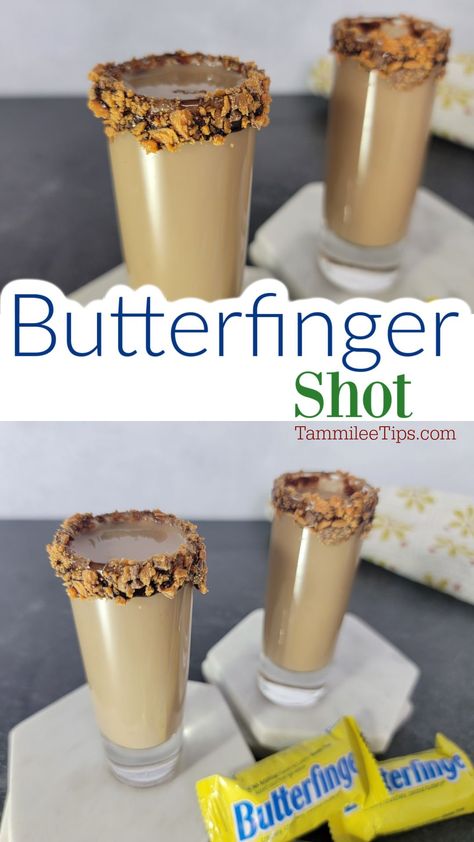 Easy Butterfinger Shot Recipe that tastes amazing! This is the perfect dessert cocktail shot for parties or after dinner. Quick and easy to make! All you need is Kahlua, Baileys Irish Cream, and Butterscotch Schnapps Wedding Cake Shots Alcohol, Candy Bar Shots, Easy Alcohol Dessert Recipes, Butterscotch Schnapps Shots, Buttershots Shots, Carmel Vodka Pudding Shots, Butterscotch Shots Recipe, S’mores Pudding Shots, Best Shots To Order Bar