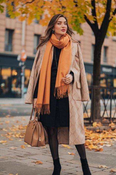 Orange Scarf Outfit, Sleek Black Dress, Fall Fashion Staples, Office Fits, Fall Wardrobe Staples, Eccentric Style, Orange Scarf, Warm Cardigan, Scarf Outfit