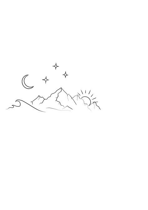 Wrap Around Arm Tattoo Bicep, Stars Mountains Oceans Tattoo, Tattoos Above Elbow Crease, Elegant Mountain Tattoo, Small Scenery Tattoo, Landscape Line Tattoo, Mountain Fineline Tattoo, Minimalist Mountain And Sea Tattoo, Mountain Tatoos Small