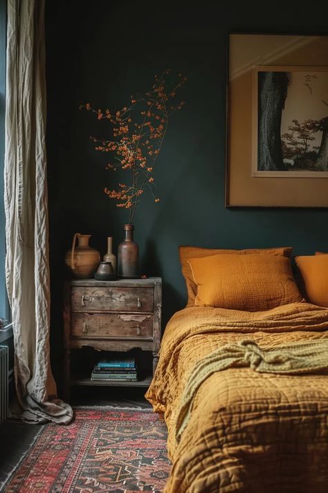 70+ Cozy Earthy Bedroom Ideas With Natural Elegance Rug Earth Tones, Dark Green Bedroom Aesthetic Ideas, Terra Cotta And Teal Bedroom, Best Colors For Dark Rooms, Earth Tone Apartment Aesthetic, Reclaimed Wood Furniture Bedroom, Teal And Terracotta Bedroom, Dark Green And Terracotta Bedroom, Earth Tone Bedroom Colors