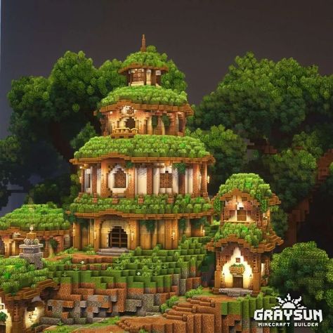 Graysun | Minecraft Content Creator on Instagram: “Minecraft - Ferngully Village 🏘 This village is made with those epic hut design I made with the Fergully Fortress collab with…” Minecraft Jungle House Ideas Survival, Jungle Biome Builds, Jungle Mountain House Minecraft, Minecraft Facade Ideas, Treehouse Base Minecraft, Minecraft Natural House, Jungle Kingdom Minecraft, Minecraft Jungle House Tutorial, Minecraft Woodland Cottage