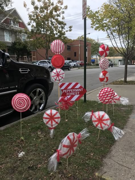 Candyland Peppermint Forest Decorations, Peppermint Forest Door Decorations, Peppermint Forest Candyland, Candy Cane Land Christmas Decorations, Candy Cane Christmas Decorations Outdoor Front Porches, Peppermint Forest School Hallway, Peppermint Forest Decorations School, Candy Cane Forest Decorations, Candy Cane Lane Christmas Decor Outdoor